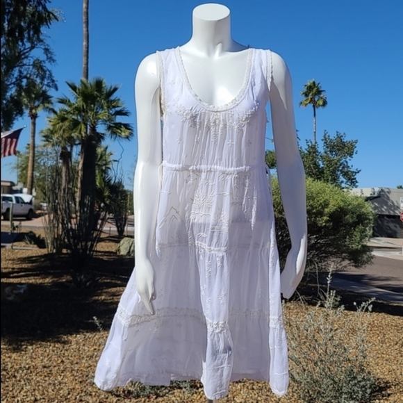 JOHNNY WAS ANTHRO White Eyelet Lace Dress S Small Embroidered Tiered Boho Sheer - Picture 5 of 16
